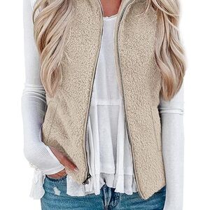 Tan Fleece Vest with Stand-Up Collar and Zipper